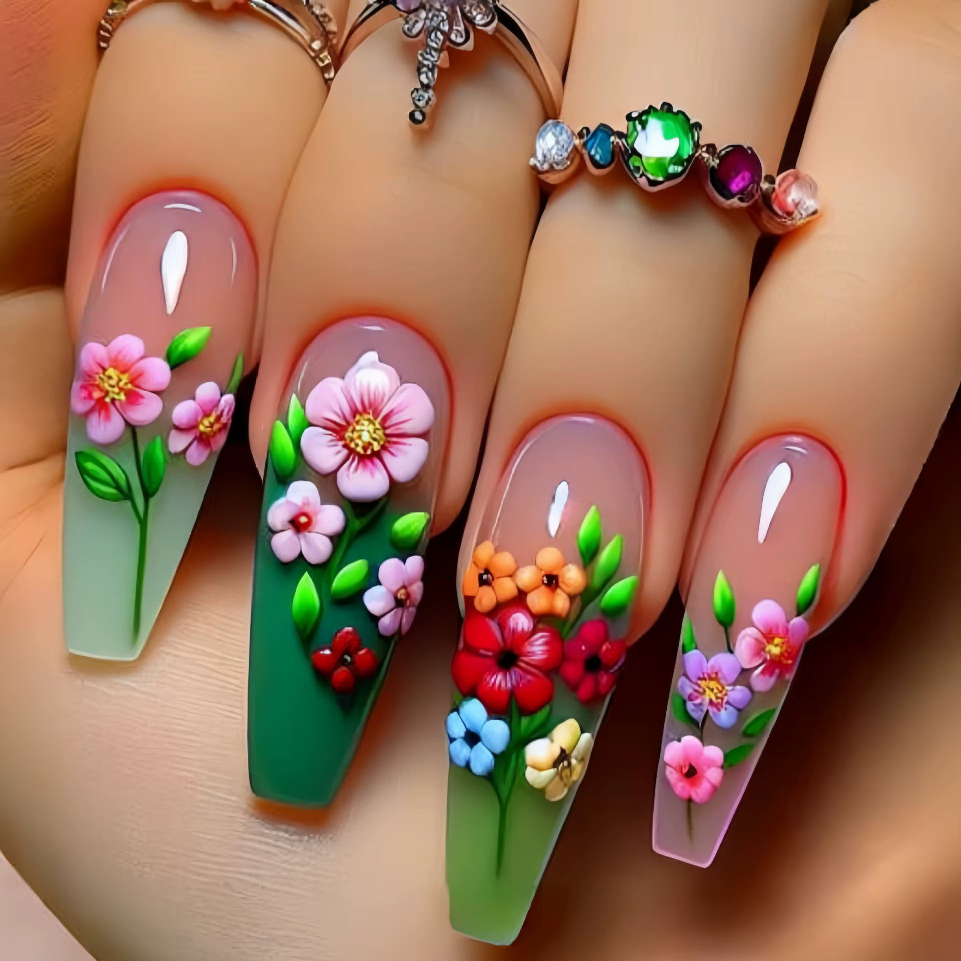 24 pièces/ensemble faux ongles mi-longs dégradé bleu océan poisson soleil fleurs papillon carré ball