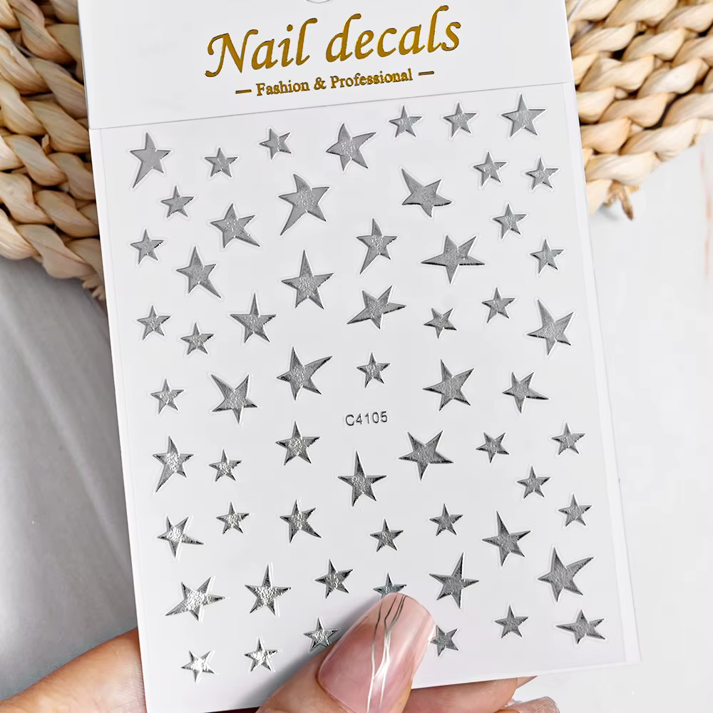 3D bronzant Laser argent étoile irrégulière décalcomanies pour ongles effet métallique argent pentag