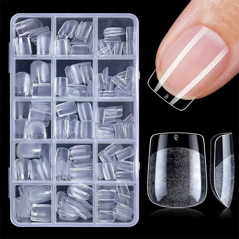 Faux ongles courts carrés trapézoïdaux en forme d'amande, finition semi-mate, disponibles en 15 tail