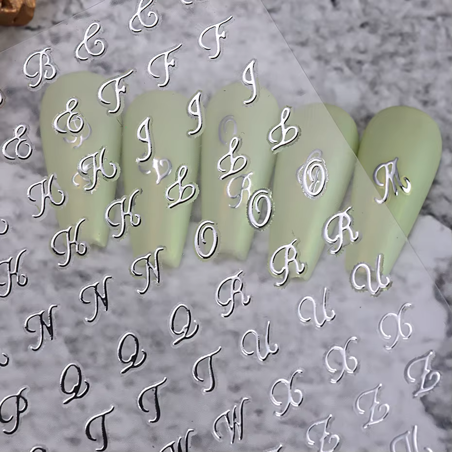 Autocollants pour ongles avec lettres romaines, 4 pièces, doré, argent, noir, blanc, Design Alphabet