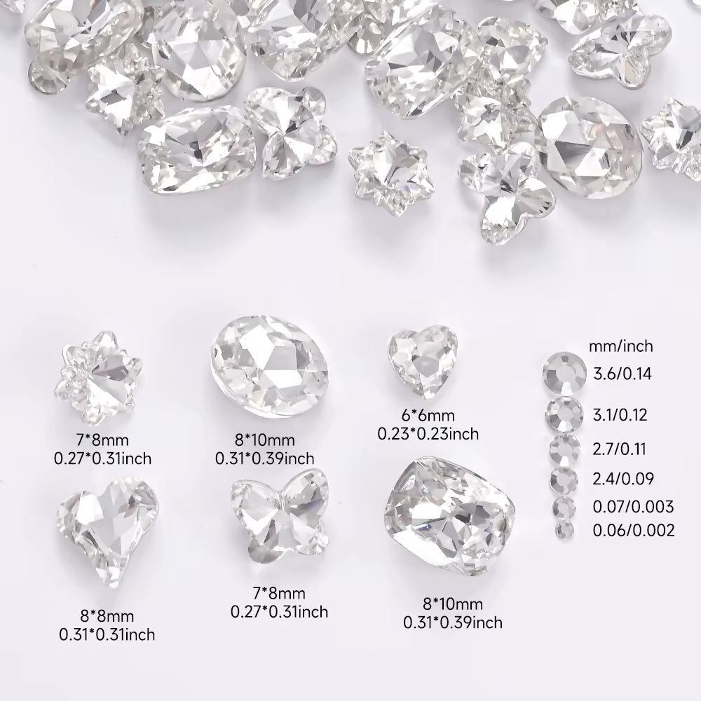 1 boîte de strass 3D transparents pour Nail Art, 12 formes ovales mixtes, papillon, cœur, fleur, bre