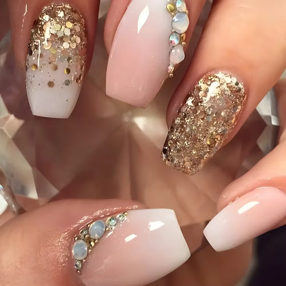 Faux Ongles Mi-Longs N64.avec Colle, Paillettes Portables, Poignées à Pression, Amovibles, Français,