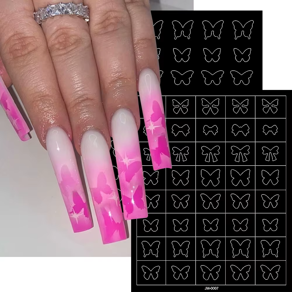 Autocollants pour ongles, pochoir d'aérographe, 24 modèles, 1 pièce, papillon/cœur/ligne française,