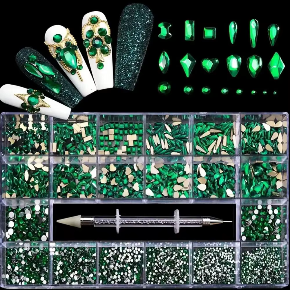 2500 pièces verre cristal diamant Nail Art strass 21 grille boîte bijoux de luxe gemmes ongles charm