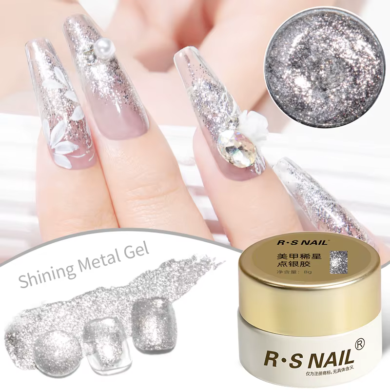 RS NAIL 8g Gel de peinture scintillant sans lingette Gel platine paillettes métallique doré argenté 