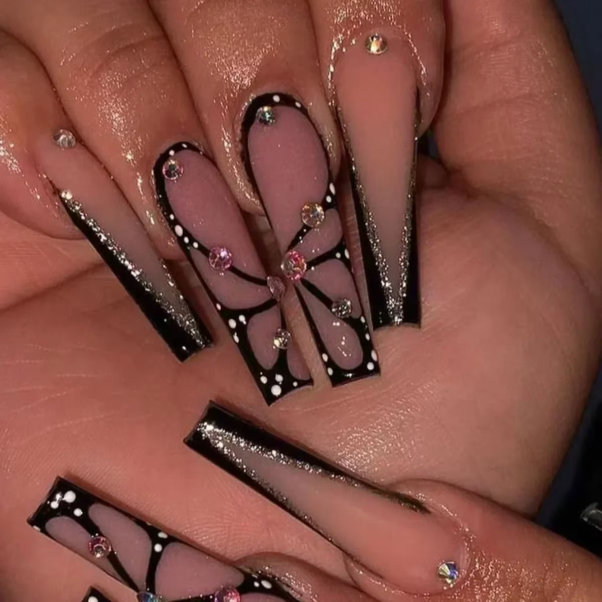 Faux ongles de Ballet longs, 24 pièces, papillon rose avec strass, Design français, portables, à pre
