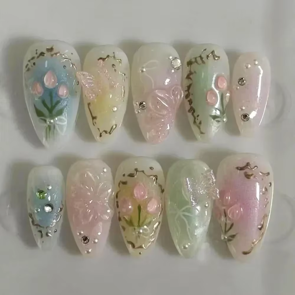 24 pièces rose amande faux ongles papillon Ballet avec Design français faux ongles portables Simple