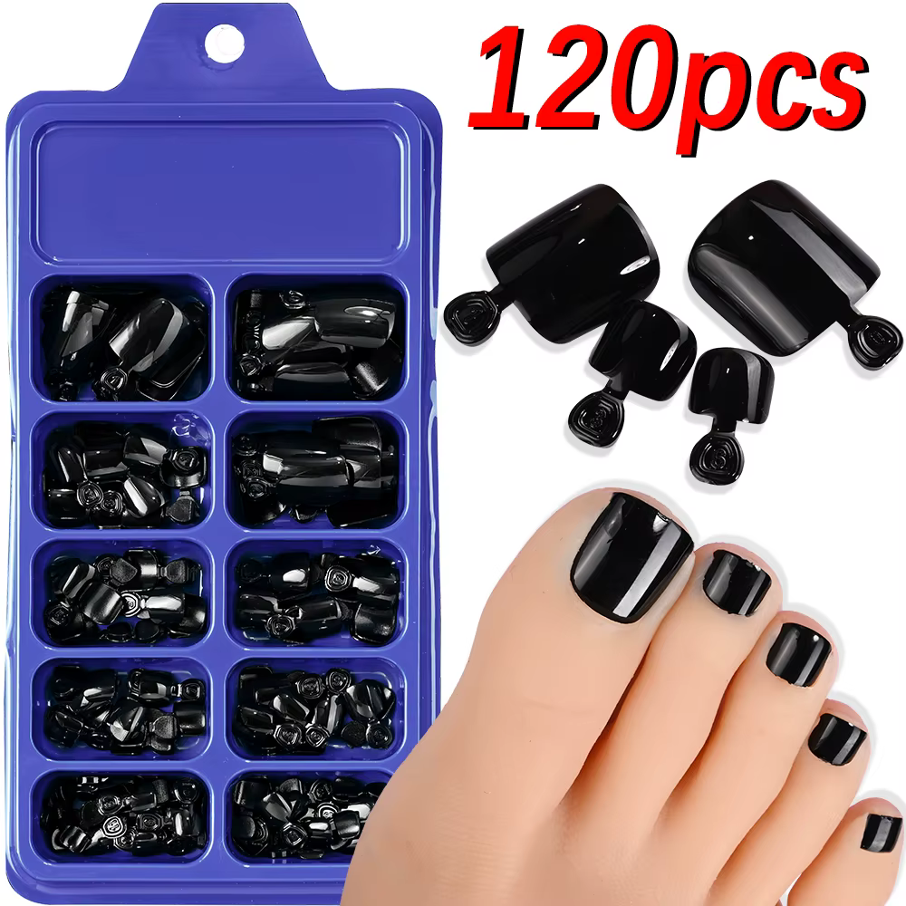 120 pièces noir brillant presse sur les ongles courts carrés couverture complète faux ongles conseil