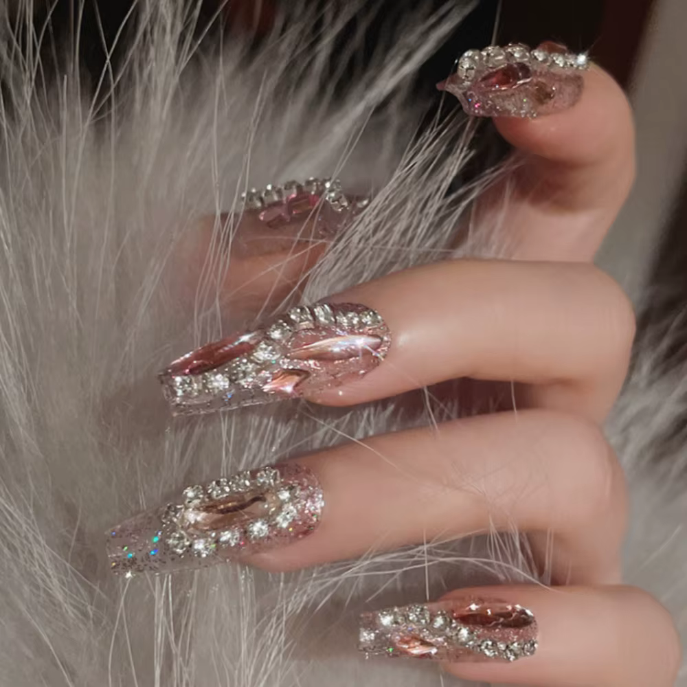24 faux ongles pour filles, faux ongles avec colle, strass pour nail art, longs ongles tendance, ong