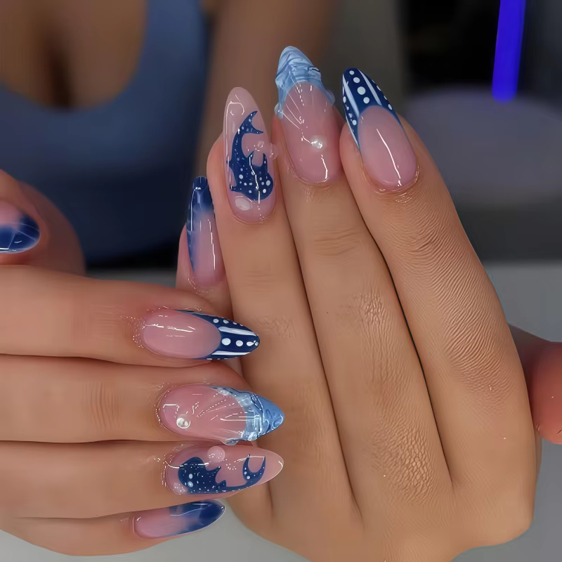 24 faux ongles à presser, motif poisson bleu, design tendance océan bleu, style français, forme aman