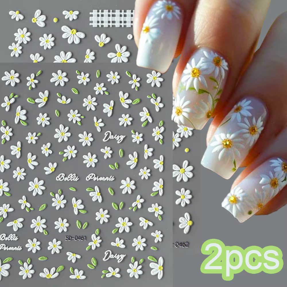 2 pièces 5D blanc marguerite Design Nail Art autocollants en relief marguerite fleur feuille verte N