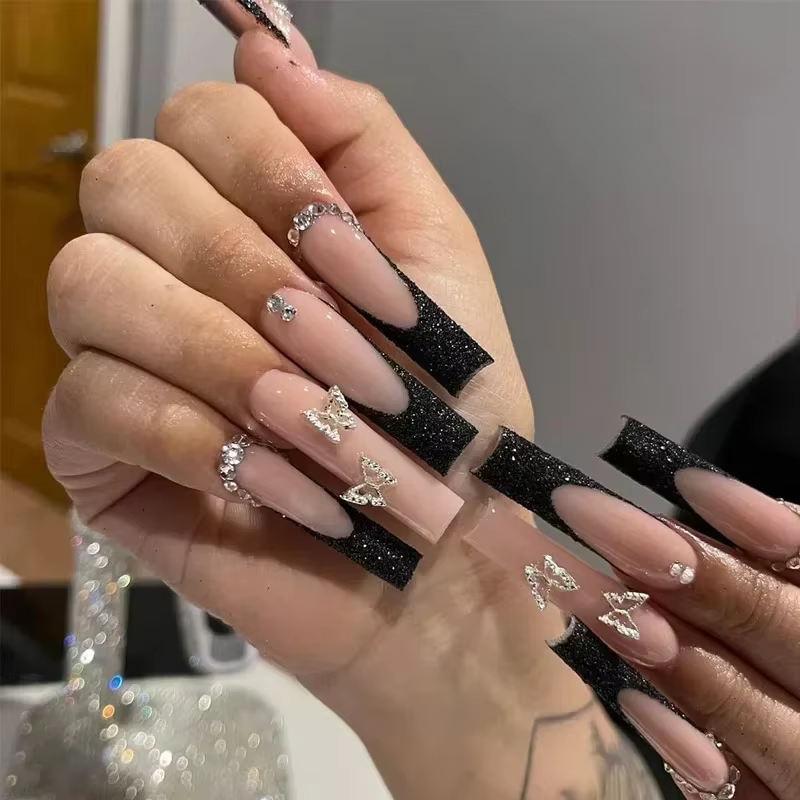 Faux ongles français longs avec colle, 24 pièces, faux ongles de Ballet, Design papillon en strass, 