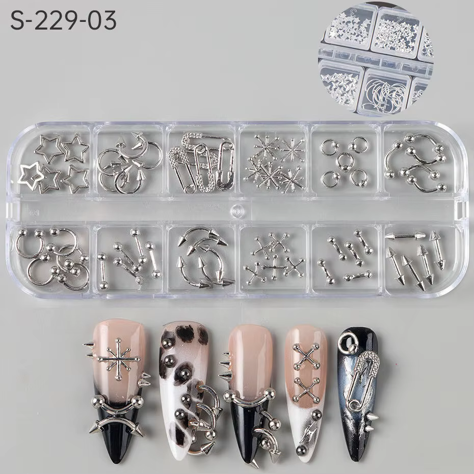12 grilles Goth Punk ongles breloques goujons Y2K Piercing conceptions métallique argenté ongles Art