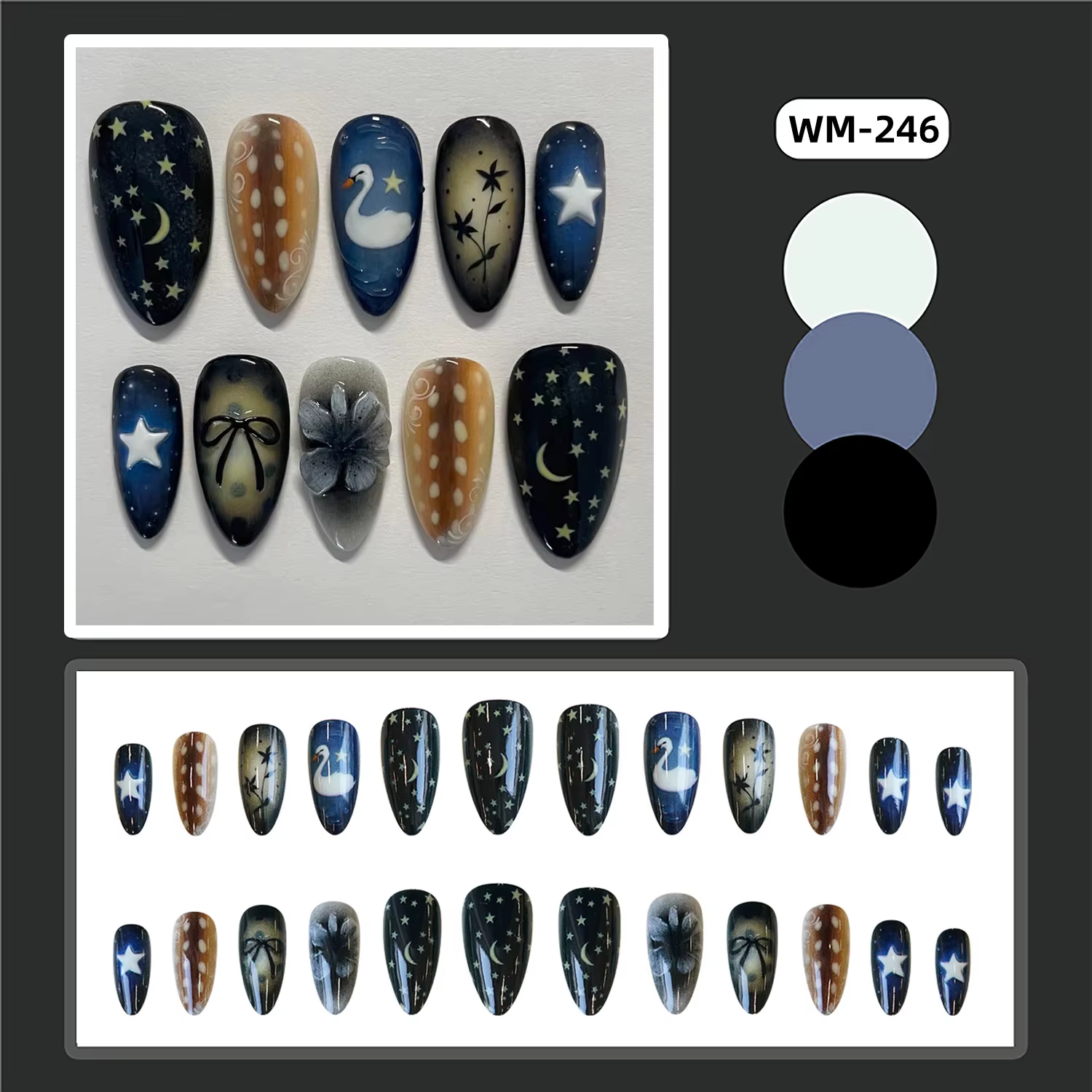 Faux ongles noirs dégradés, 24 pièces, motif étoile jaune, lune, cygne, à pression, nœuds papillon d