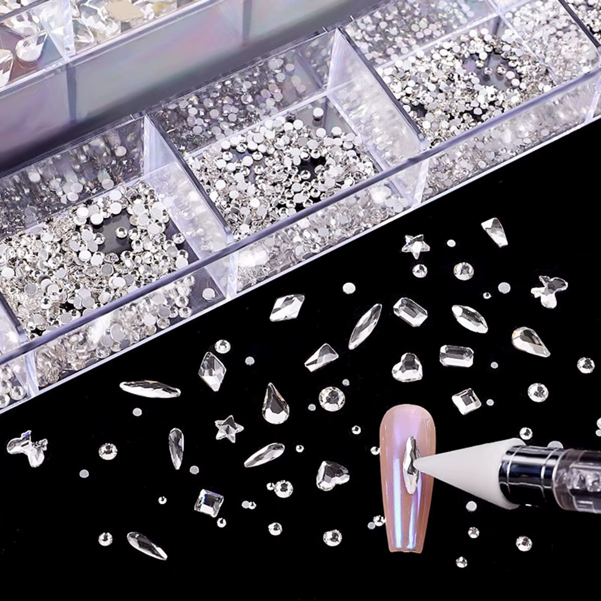 Boîte à strass à 21 grilles, mélange de diamants pour ongles, verre plat en forme de diamant, bricol