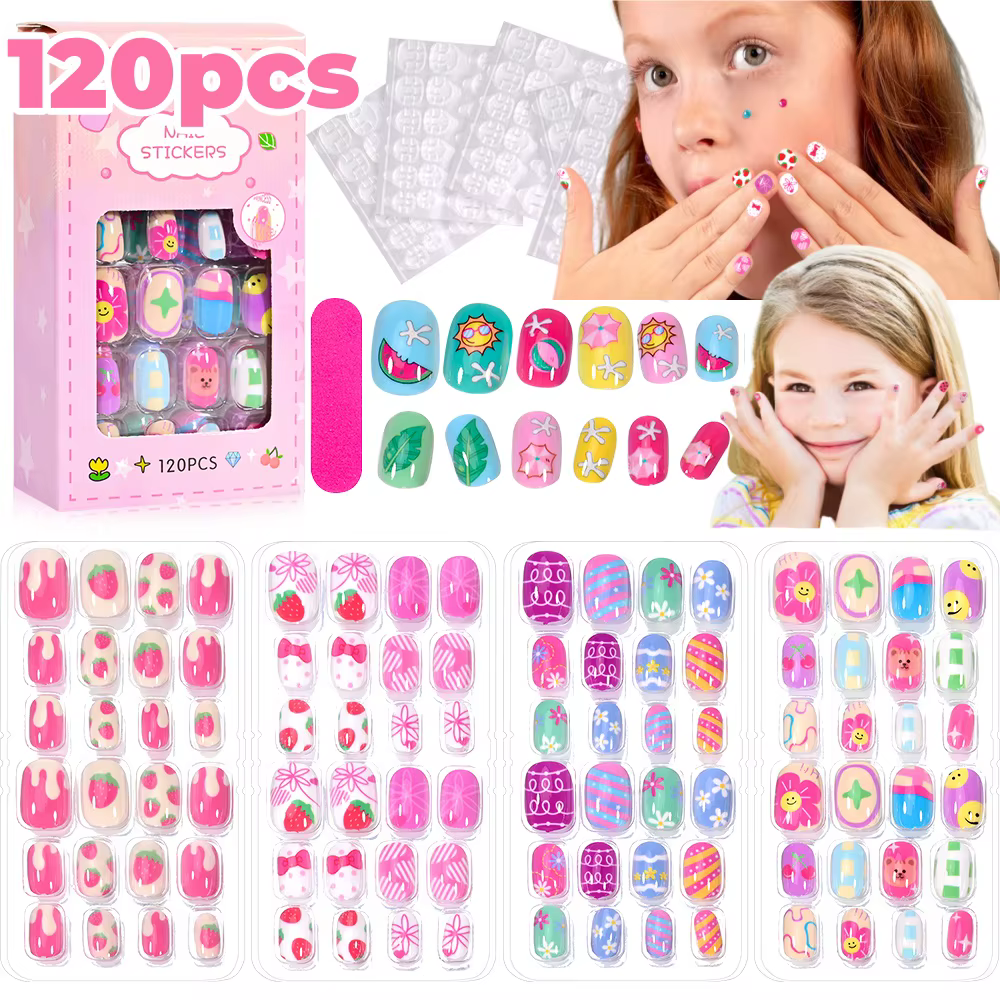 120 pièces enfants presse sur ongles enfants dessin animé acrylique faux ongles conseils Kawaii fill