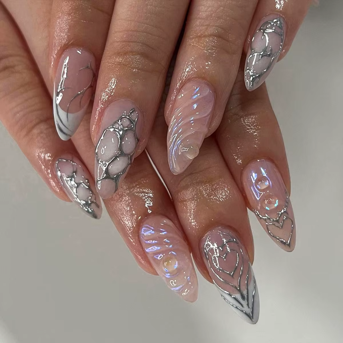 Faux ongles français longs à pression en amande, avec nœud rose, Design floral portable, manucure ov