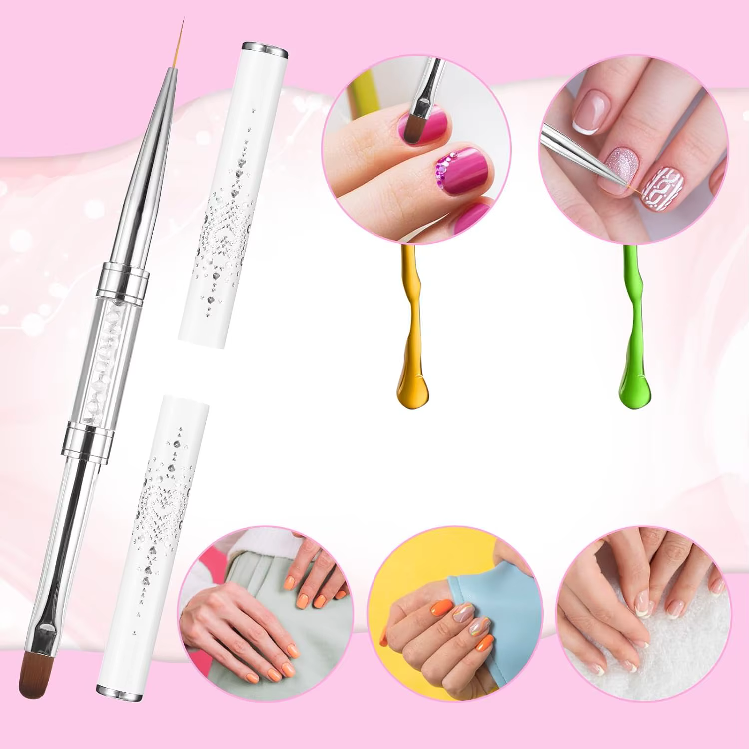 Pinceaux ovales à Double extrémité pour Nail Art, 2 pièces, avec poignée en strass, pointe française
