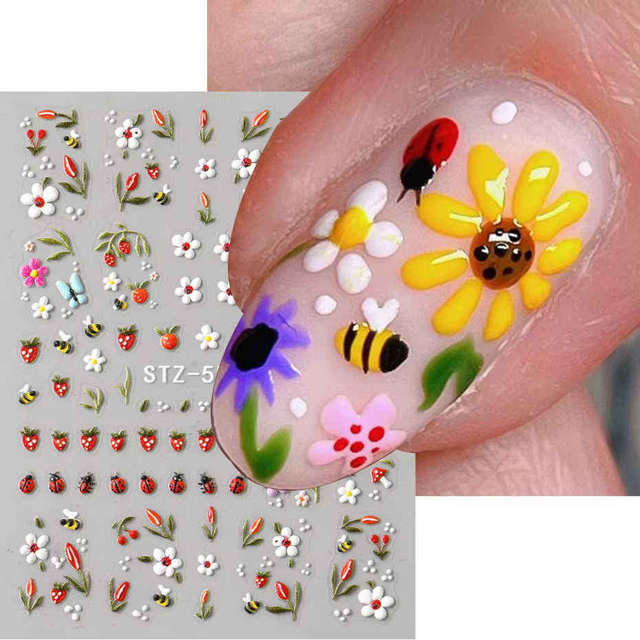 5D en relief Kawaii coccinelle curseurs printemps blanc marguerite fleurs ongles autocollants bricol