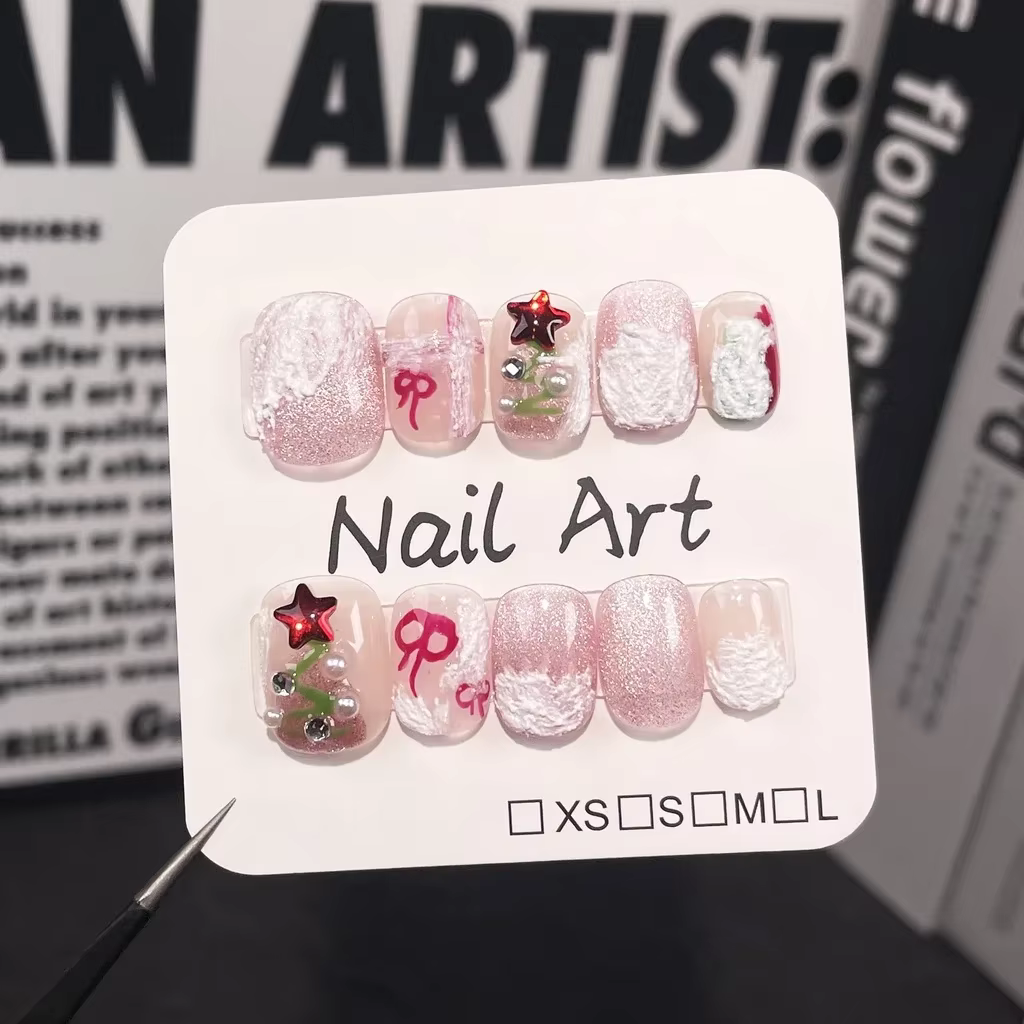 Faux patchs de Noël faits à la main N64.Snowy Village, N64.Sweet Pink Short Cat-Eye Nail Art, Mignon