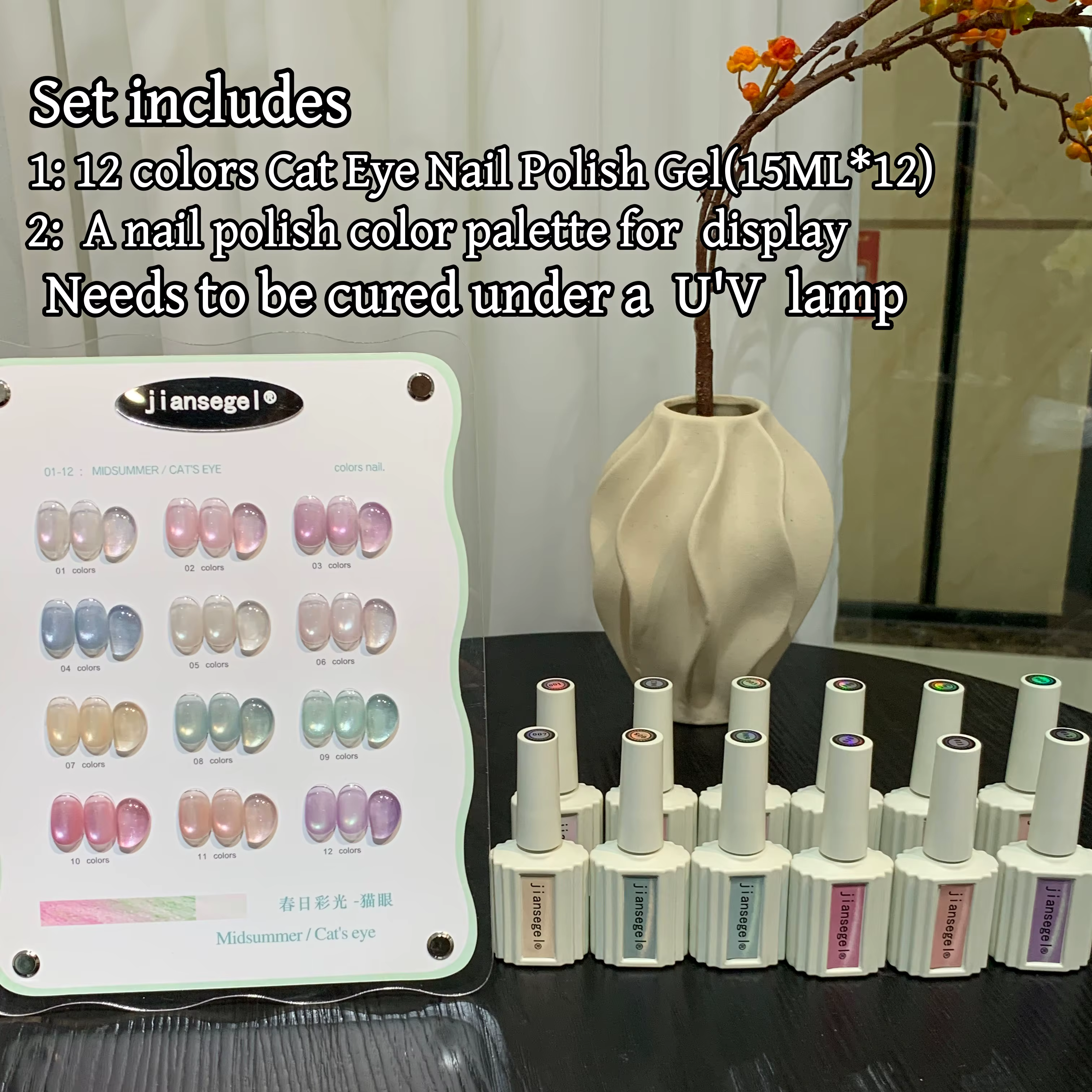 Ensemble de 12 Gels Ongles Effet Œil de Chat Couleurs Printanières, Réfraction Éclatante Estivale, T
