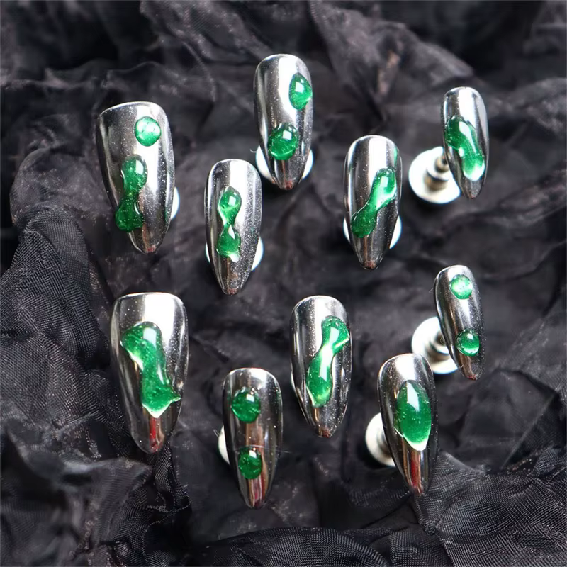 Faux ongles en forme d'amande faits à la main, en argent, à pression, entièrement en acrylique, long