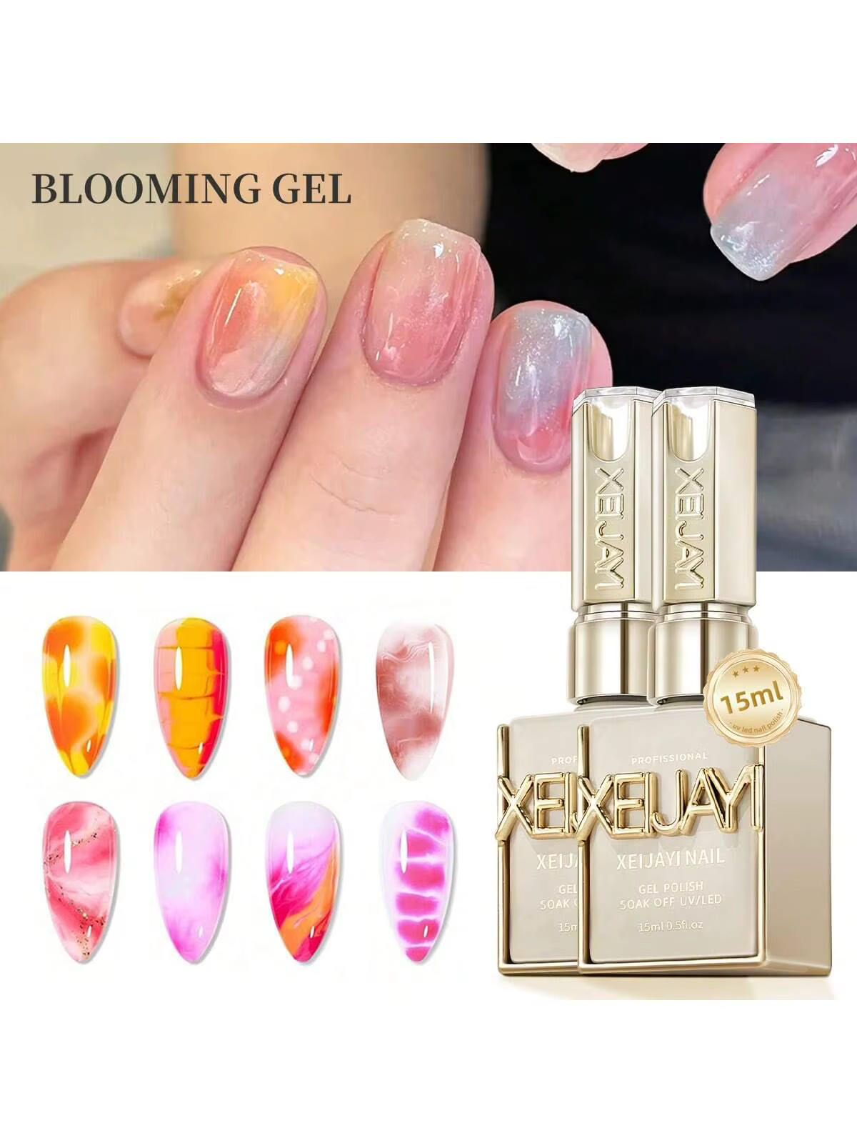 XEIJAYI 2 pièces 15ml Gel de finition pour ongles effet blooming UV LED Soak Off, vernis brillant et
