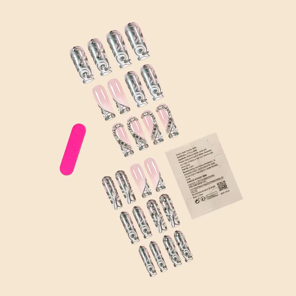 Faux ongles de luxe pour femmes, Super longs, carrés, français, argent, vigne, Patchwork, diamant, c
