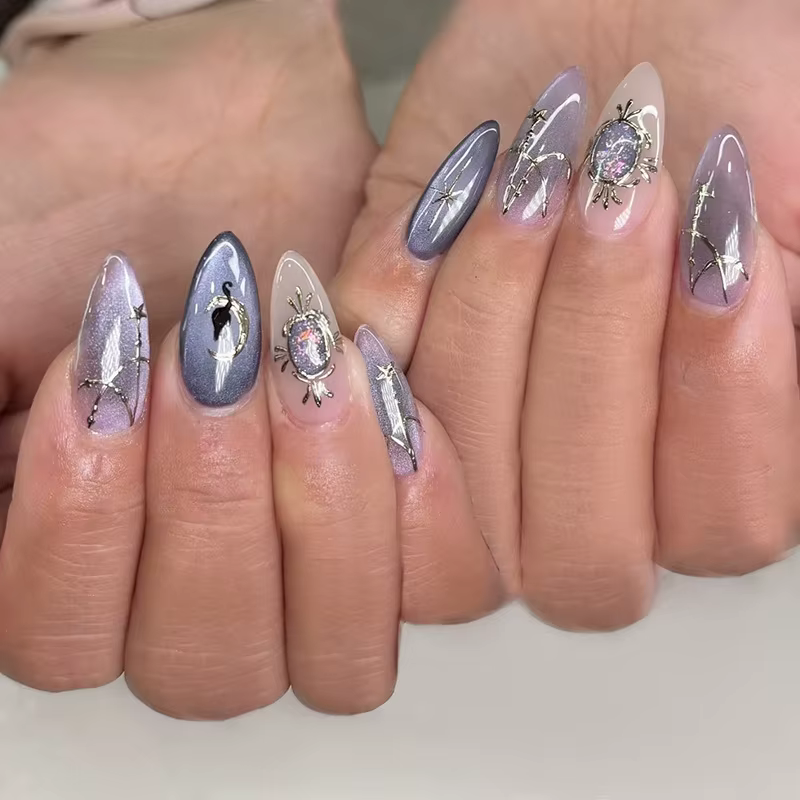 Faux ongles à tête ronde courte, 24 pièces, œil de chat bleu, pointes à pression avec colle gelée, m