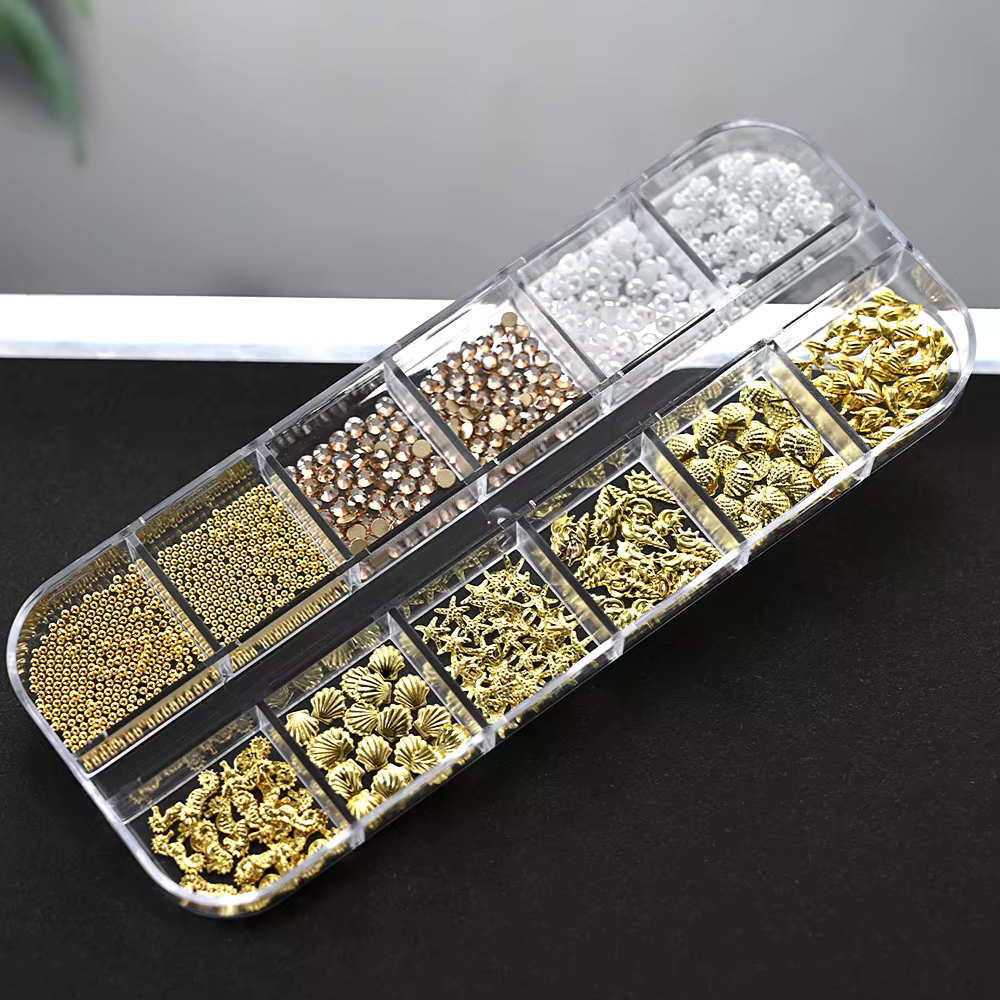 12 grilles 3D or océan Rivet breloques pour ongles mixte hippocampe/étoile de mer/perle de conque/Mi