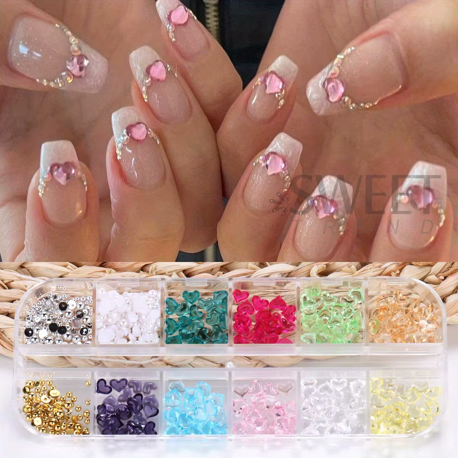 12 grilles en forme de cœur pour Nail Art, breloques transparentes en forme de cœur d'amour, bijoux