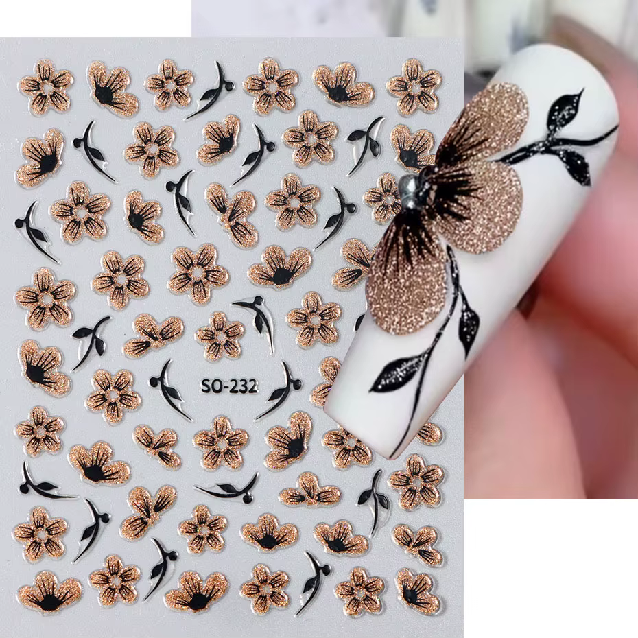 Autocollant 3D pour ongles, 2 pièces, noir, or, paillettes, fleur, pétales brillants, feuilles, Nail