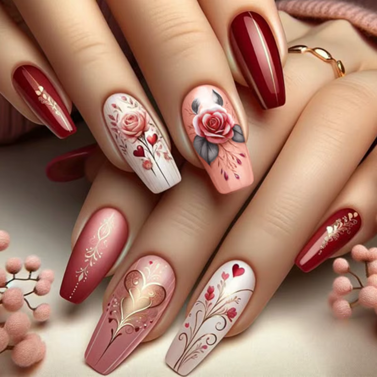 Faux ongles mi-longs pour la saint-valentin, rose rouge doré, fleurs, cœur, ange, ballet, pointes d'