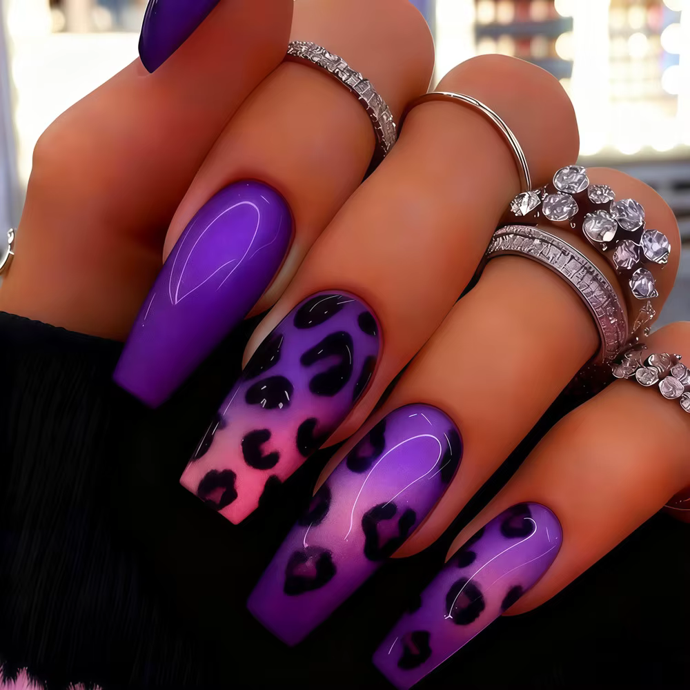 Faux ongles moyens pour femmes et filles, dégradé violet bleu vert rouge noir imprimé léopard, point