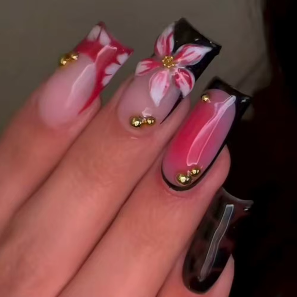 24 pièces de Gel 3D fait une longue fleur carrée avec un Design de décoration de perles, presse acry