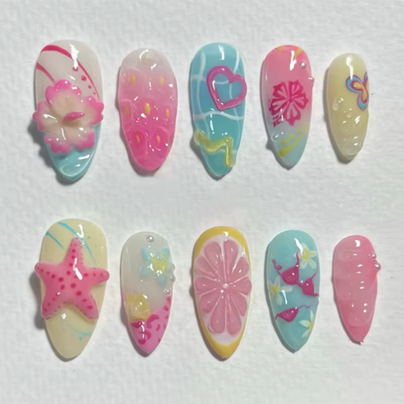 Faux ongles 3D pour femmes et filles, dégradé rose jaune bleu, motifs fleurs et perles, forme amande