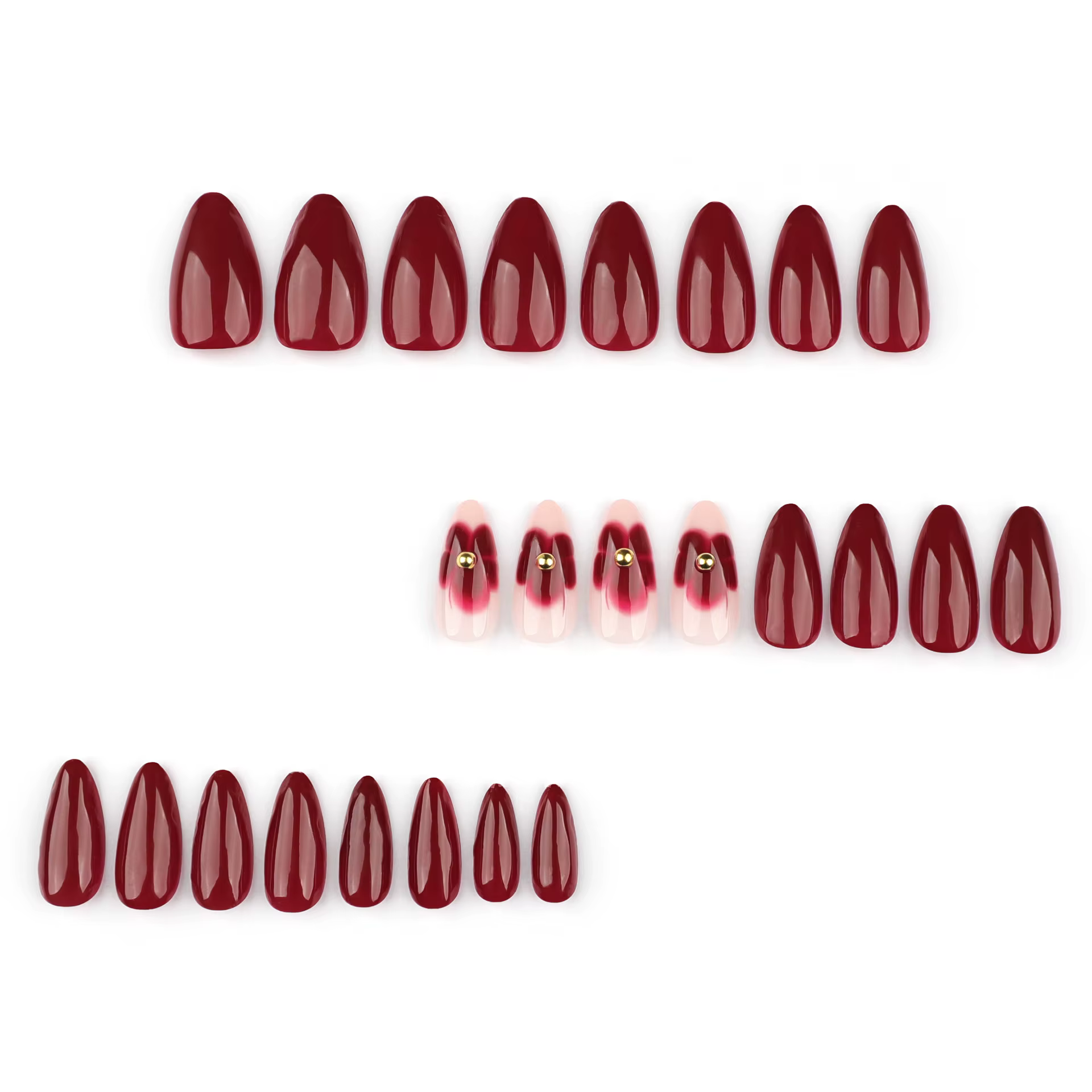 Ensemble d'ongles pour femmes, 24 pièces, en forme d'amande bordeaux, longueur moyenne, couleur unie