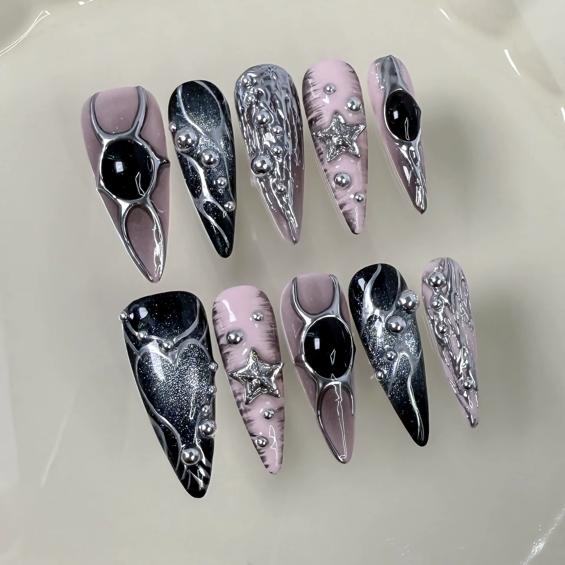 Spice Girl – faux ongles à rayures métalliques argentées, faits à la main, longs, bleu-rose, Design 
