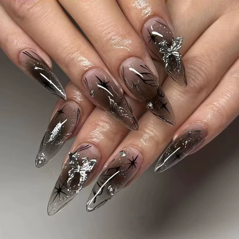 Faux ongles noirs Y2k avec diamant, longs amandes, Design papillon, à pression ovale, pour Halloween