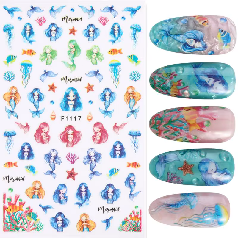 1 feuille holographique méduse dauphin Nail Art autocollants 3D sirène océan coquille ongles décalco