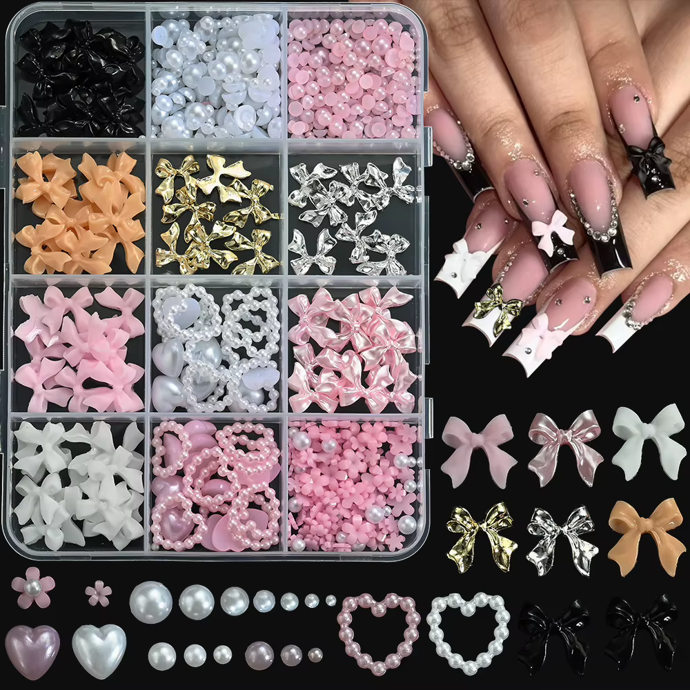 12 grilles 3D ruban multicolore fleur Nail Art breloques simulés pétales amour, nœud papillon en mét