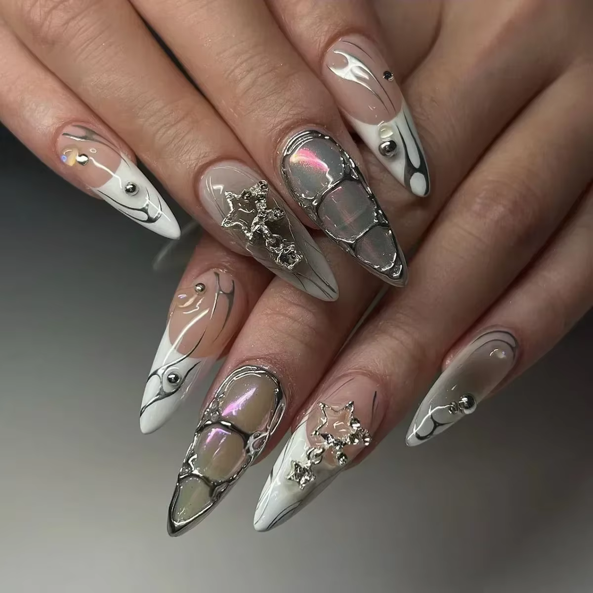 24 pièces Y2k amande acrylique ongles couverture complète 3D diamant noir Nail Art doux Cool françai