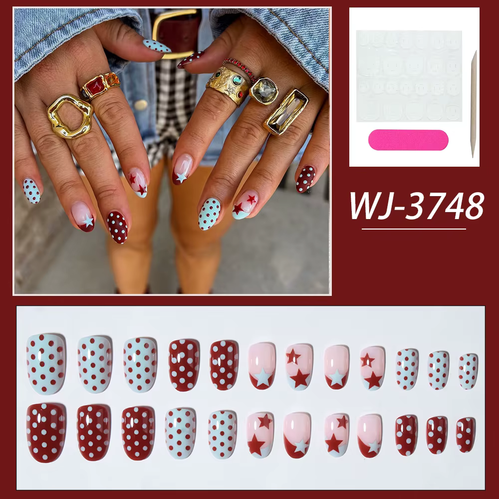 24 autocollants pour ongles ovales à pois étoiles, matériau acrylique, ajustement parfait, ensemble 