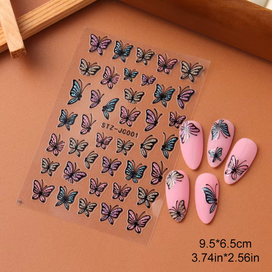 Autocollants pour ongles papillon à paillettes, décalcomanies, breloque 3D, Design bleu brillant ros