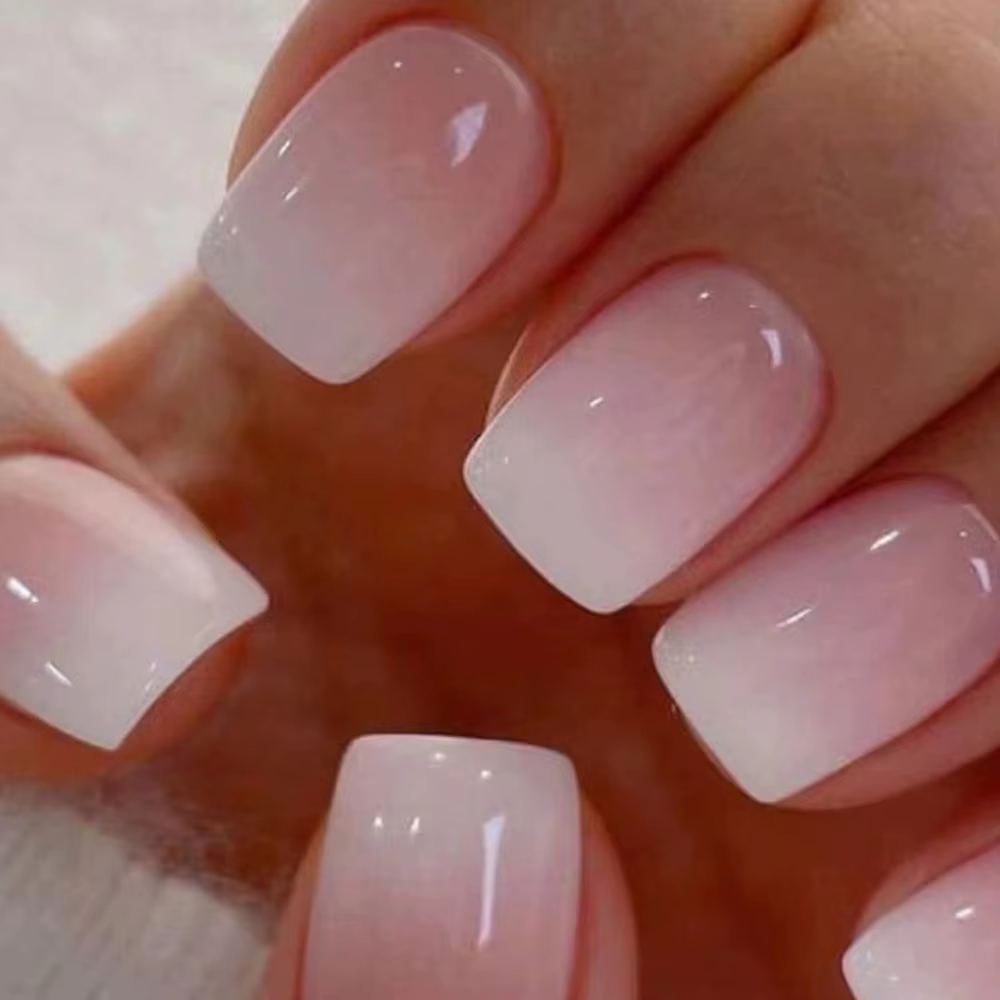 Faux ongles à tête carrée Simple, avec colle gelée, dégradé rose et blanc, presse française sur faux