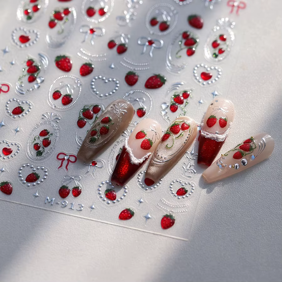 Autocollants 5D pour Nail Art, Fruits frais, fraise, cerise, nœud papillon, cœur d'amour, citron, dé