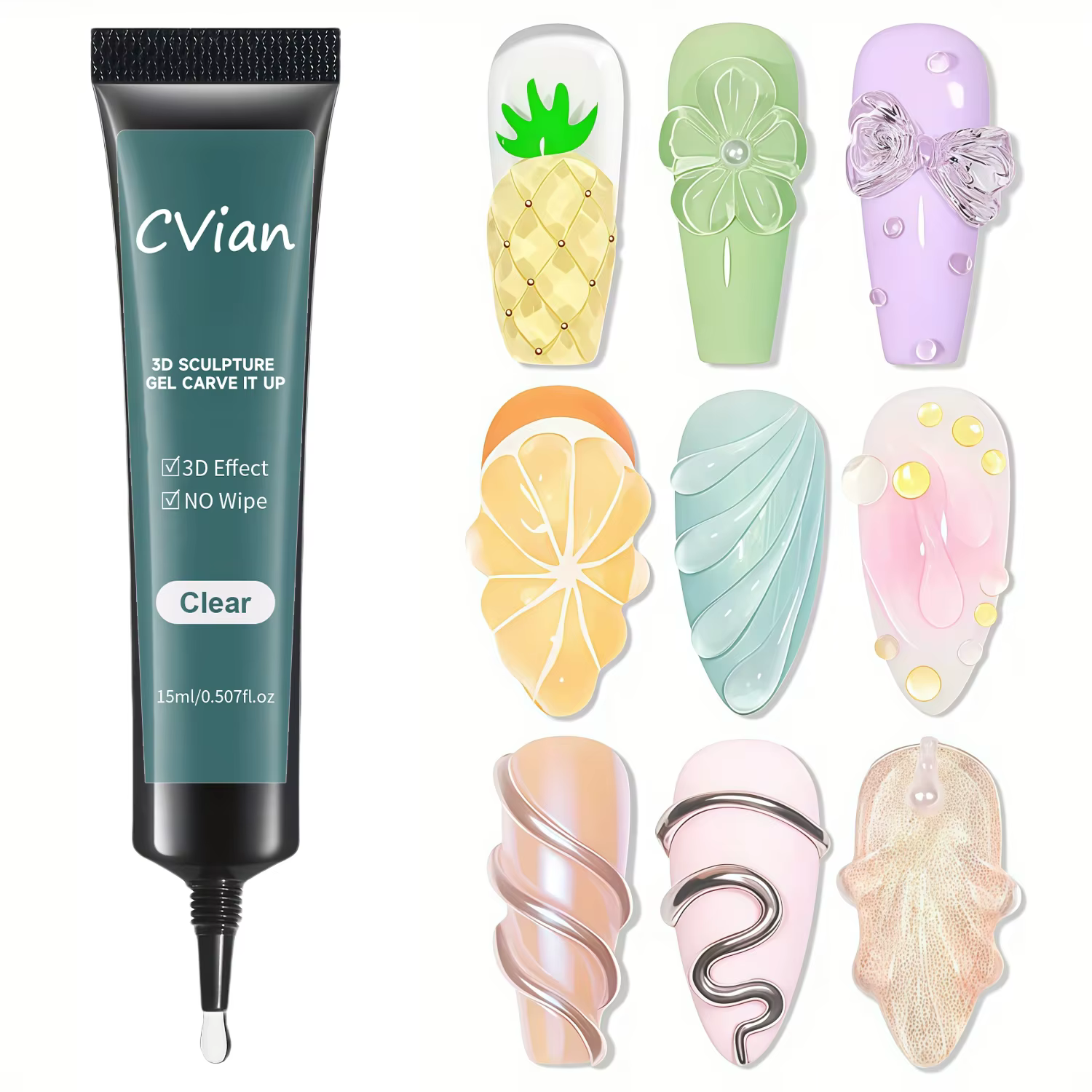 Gel de sculpture 3D pour ongles 15g |   Clair, sans essuyage, design chromé, bijoux en pierres préci