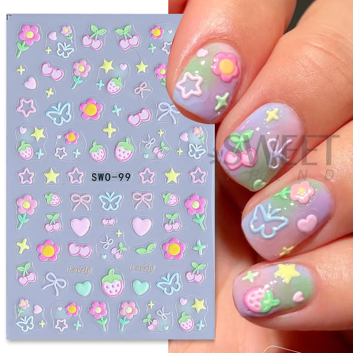 Autocollants pour Nail Art, 2 pièces, élément doux, fleur Simple, cœur, cerise, fraise, décalcomanie