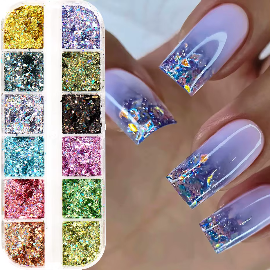 12 grilles holographiques paillettes Nail Art paillettes scintillantes irrégulières flocons d'ongles