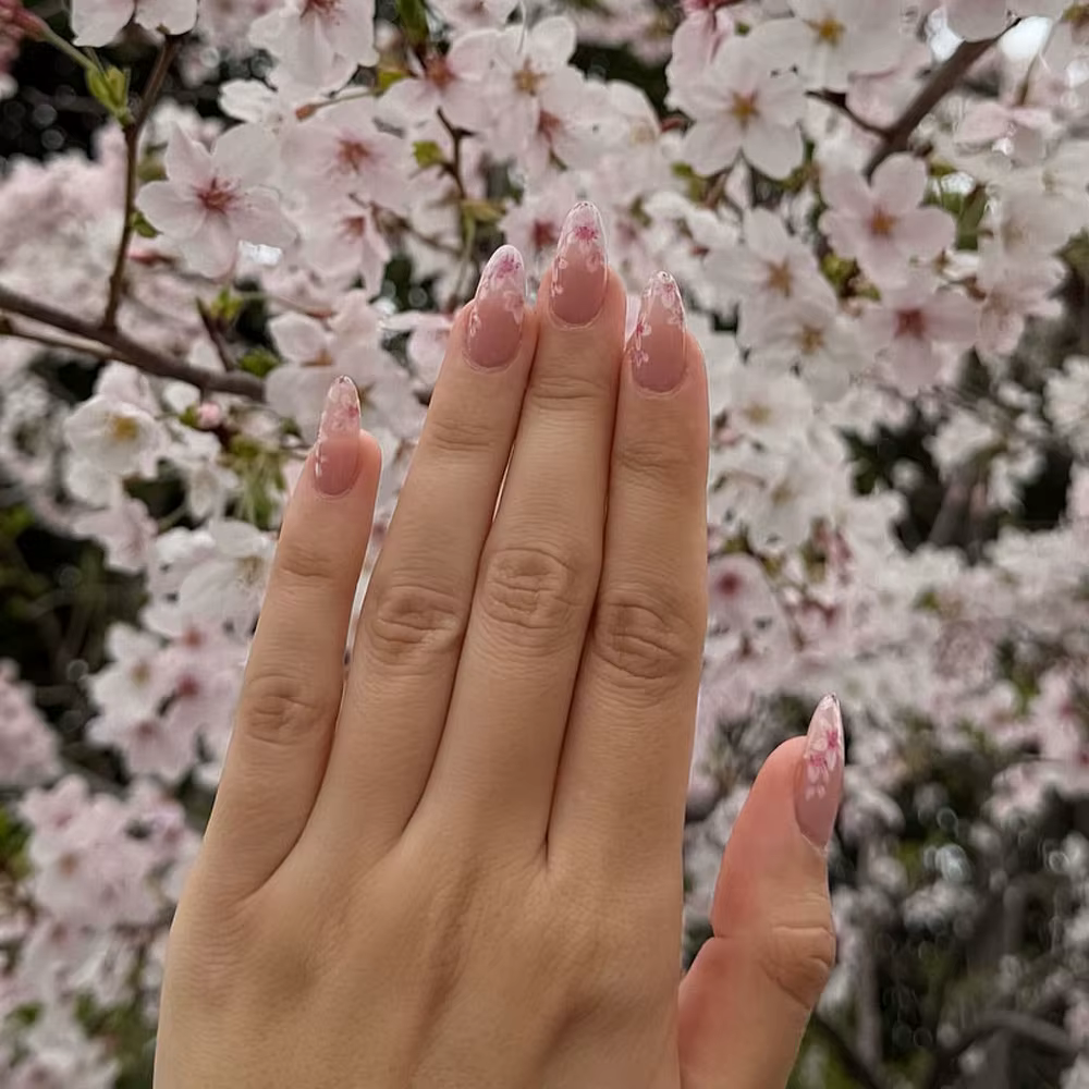 24 pièces par ensemble, faux ongles français en forme d'amande, rose fleur de cerisier, élégants, po